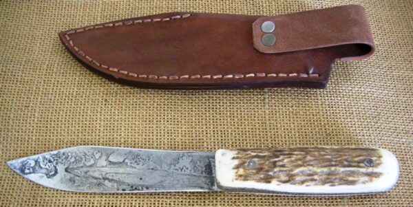 HANDMADE LONG FIXED BLADE KNIFE by MEXICAN KNIFE MAKER, STAG, CUSTOM SHEATH  - Lees Cutlery