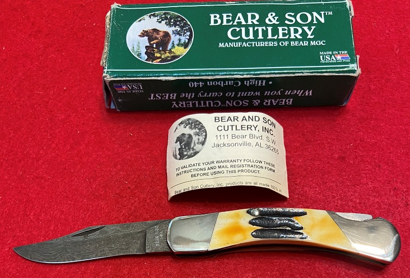 Bear & Son MGC Damascus Stag Bone Lockback Pocket Knife, 505D 